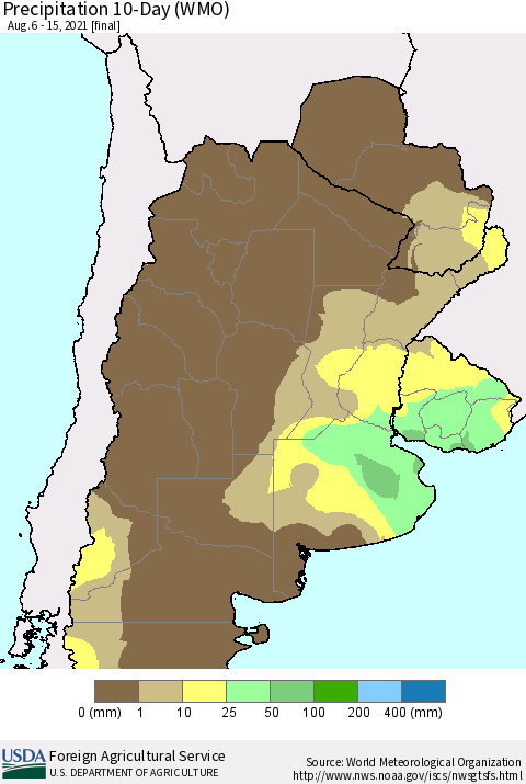 Southern South America Precipitation 10-Day (WMO) Thematic Map For 8/6/2021 - 8/15/2021