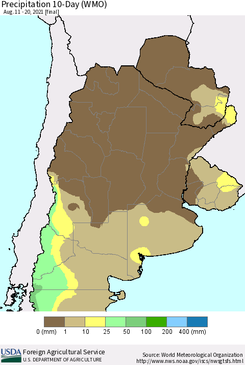 Southern South America Precipitation 10-Day (WMO) Thematic Map For 8/11/2021 - 8/20/2021