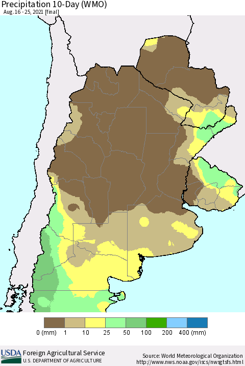 Southern South America Precipitation 10-Day (WMO) Thematic Map For 8/16/2021 - 8/25/2021