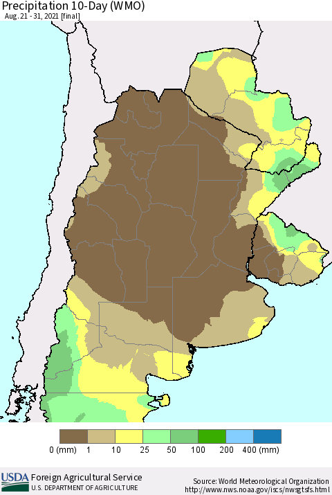 Southern South America Precipitation 10-Day (WMO) Thematic Map For 8/21/2021 - 8/31/2021