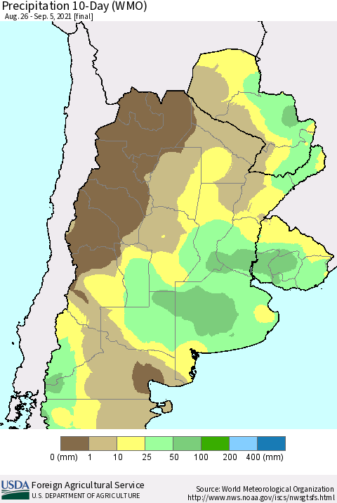 Southern South America Precipitation 10-Day (WMO) Thematic Map For 8/26/2021 - 9/5/2021