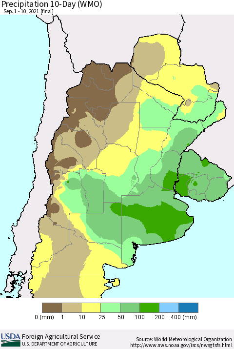 Southern South America Precipitation 10-Day (WMO) Thematic Map For 9/1/2021 - 9/10/2021