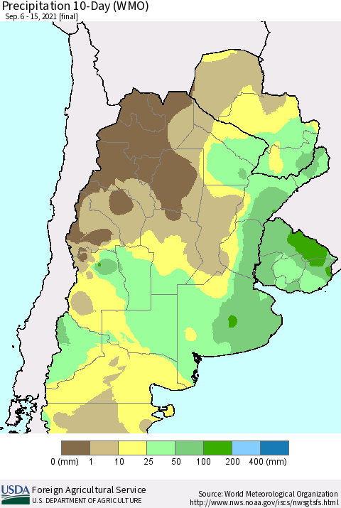 Southern South America Precipitation 10-Day (WMO) Thematic Map For 9/6/2021 - 9/15/2021