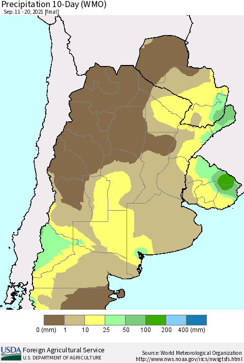 Southern South America Precipitation 10-Day (WMO) Thematic Map For 9/11/2021 - 9/20/2021