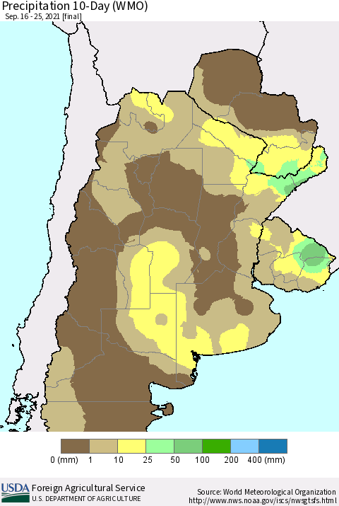 Southern South America Precipitation 10-Day (WMO) Thematic Map For 9/16/2021 - 9/25/2021