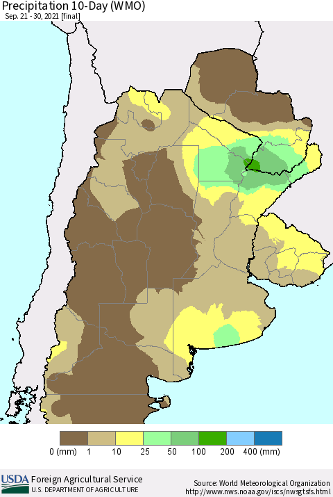 Southern South America Precipitation 10-Day (WMO) Thematic Map For 9/21/2021 - 9/30/2021