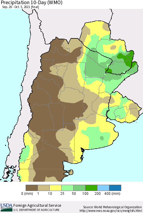 Southern South America Precipitation 10-Day (WMO) Thematic Map For 9/26/2021 - 10/5/2021