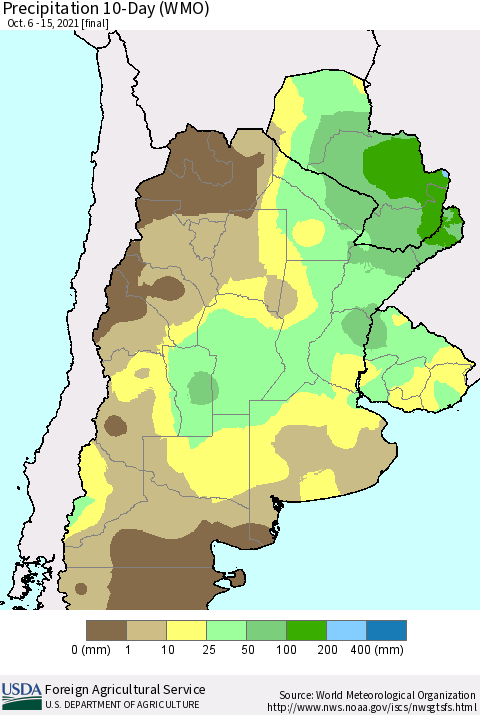 Southern South America Precipitation 10-Day (WMO) Thematic Map For 10/6/2021 - 10/15/2021