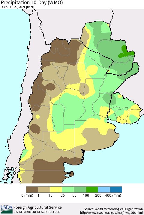 Southern South America Precipitation 10-Day (WMO) Thematic Map For 10/11/2021 - 10/20/2021