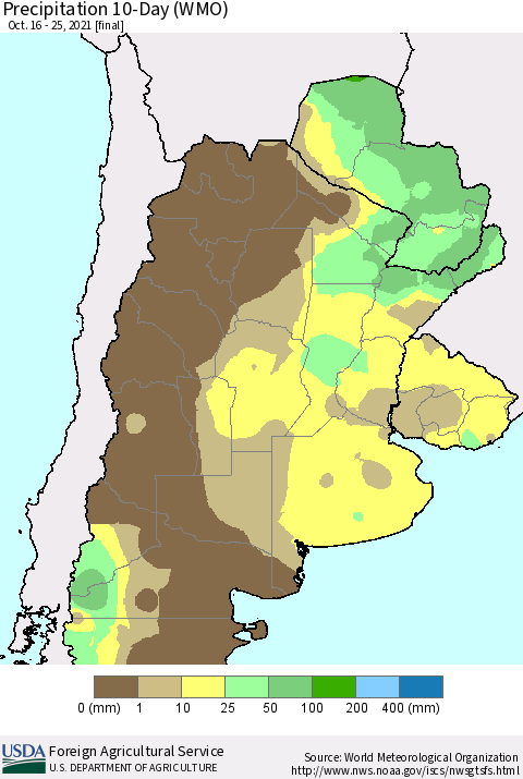 Southern South America Precipitation 10-Day (WMO) Thematic Map For 10/16/2021 - 10/25/2021
