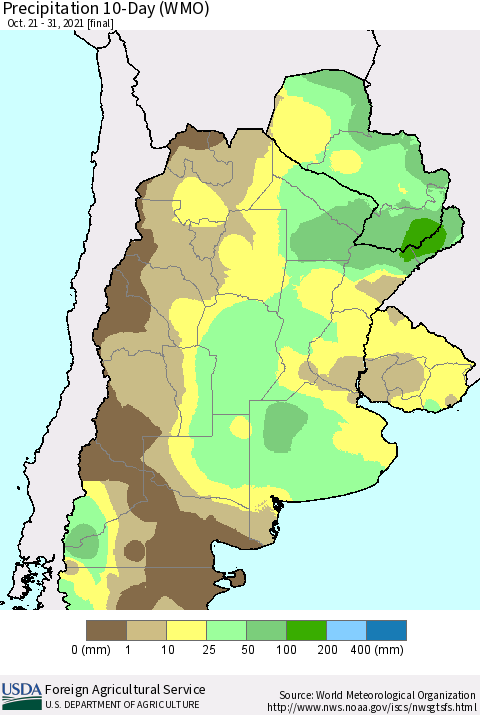 Southern South America Precipitation 10-Day (WMO) Thematic Map For 10/21/2021 - 10/31/2021