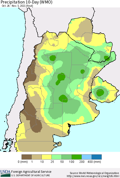 Southern South America Precipitation 10-Day (WMO) Thematic Map For 10/26/2021 - 11/5/2021