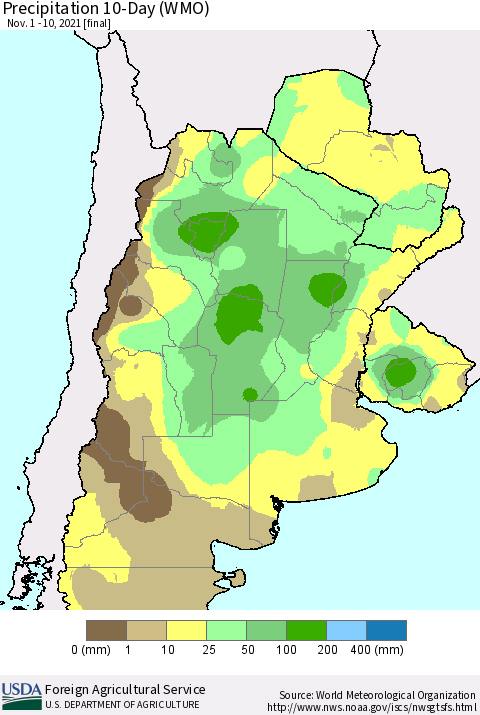Southern South America Precipitation 10-Day (WMO) Thematic Map For 11/1/2021 - 11/10/2021