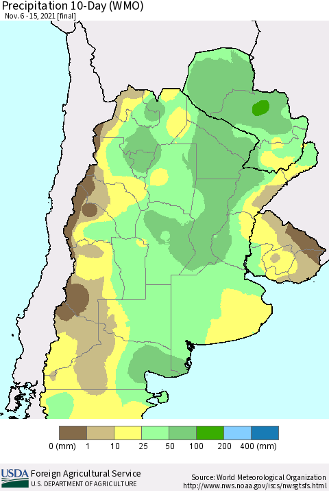Southern South America Precipitation 10-Day (WMO) Thematic Map For 11/6/2021 - 11/15/2021
