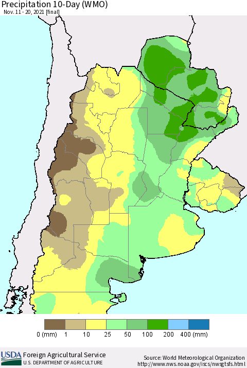 Southern South America Precipitation 10-Day (WMO) Thematic Map For 11/11/2021 - 11/20/2021