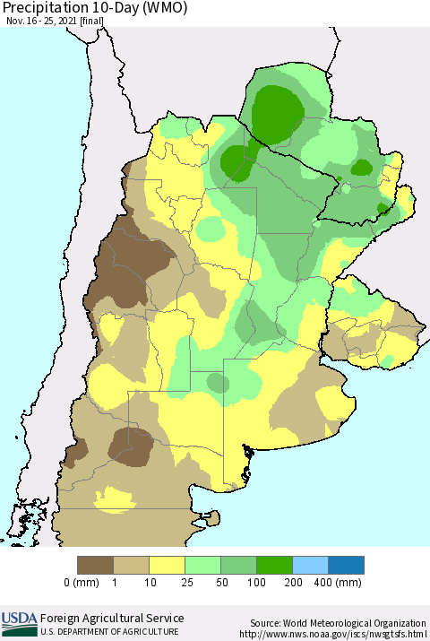 Southern South America Precipitation 10-Day (WMO) Thematic Map For 11/16/2021 - 11/25/2021
