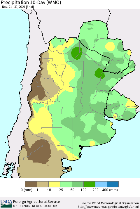 Southern South America Precipitation 10-Day (WMO) Thematic Map For 11/21/2021 - 11/30/2021