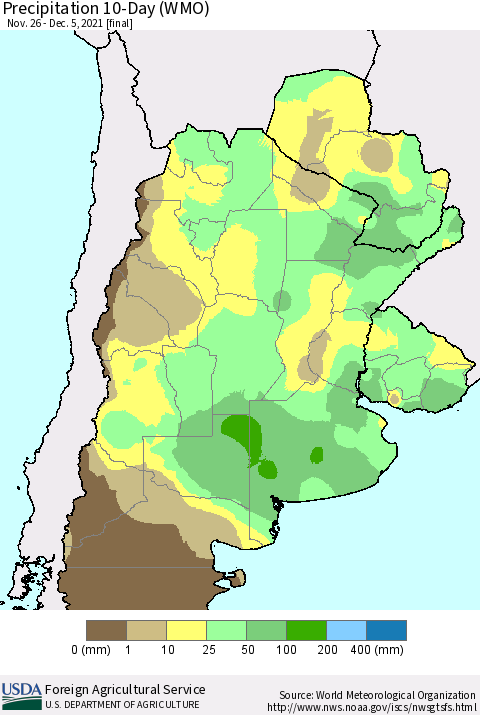 Southern South America Precipitation 10-Day (WMO) Thematic Map For 11/26/2021 - 12/5/2021