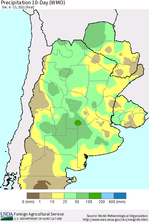 Southern South America Precipitation 10-Day (WMO) Thematic Map For 12/6/2021 - 12/15/2021