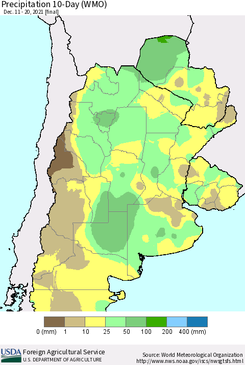 Southern South America Precipitation 10-Day (WMO) Thematic Map For 12/11/2021 - 12/20/2021