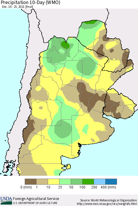 Southern South America Precipitation 10-Day (WMO) Thematic Map For 12/16/2021 - 12/25/2021
