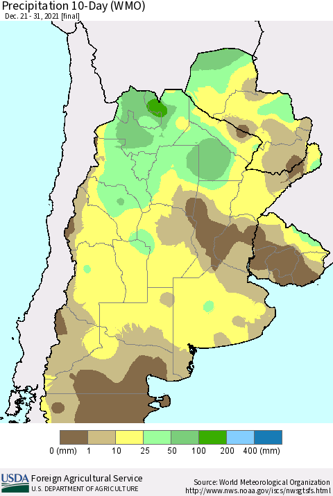Southern South America Precipitation 10-Day (WMO) Thematic Map For 12/21/2021 - 12/31/2021