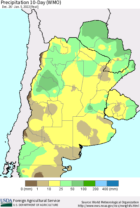 Southern South America Precipitation 10-Day (WMO) Thematic Map For 12/26/2021 - 1/5/2022