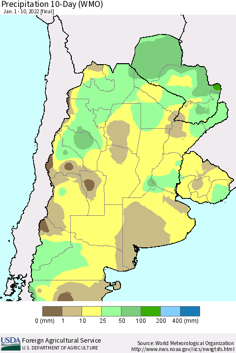 Southern South America Precipitation 10-Day (WMO) Thematic Map For 1/1/2022 - 1/10/2022