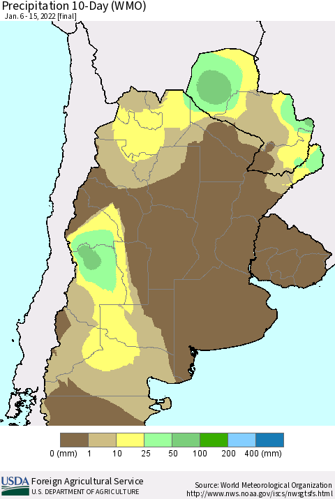 Southern South America Precipitation 10-Day (WMO) Thematic Map For 1/6/2022 - 1/15/2022