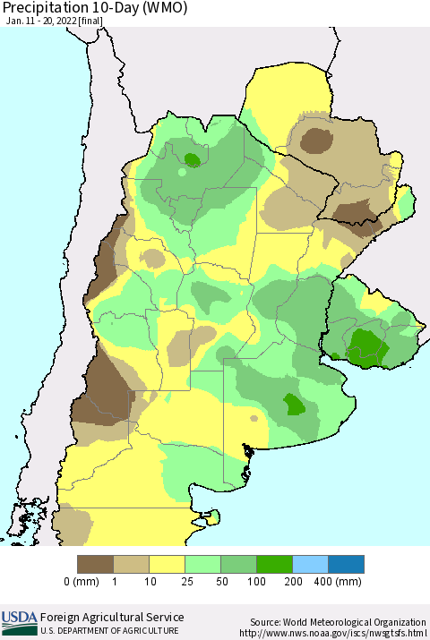 Southern South America Precipitation 10-Day (WMO) Thematic Map For 1/11/2022 - 1/20/2022