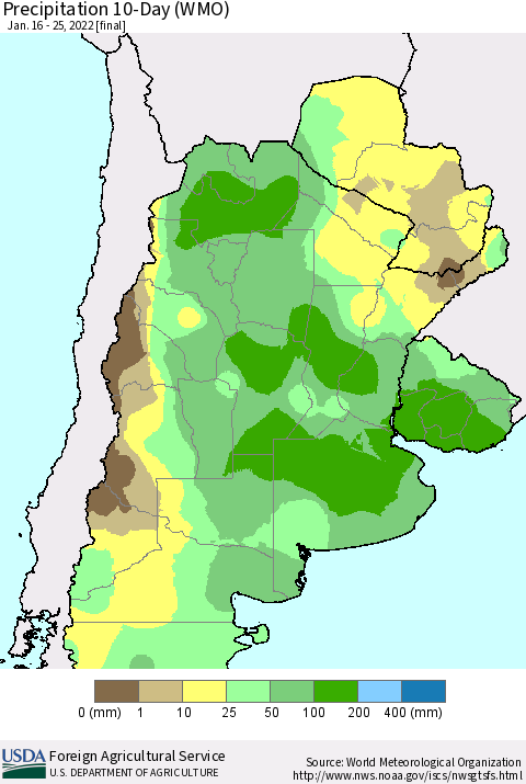 Southern South America Precipitation 10-Day (WMO) Thematic Map For 1/16/2022 - 1/25/2022