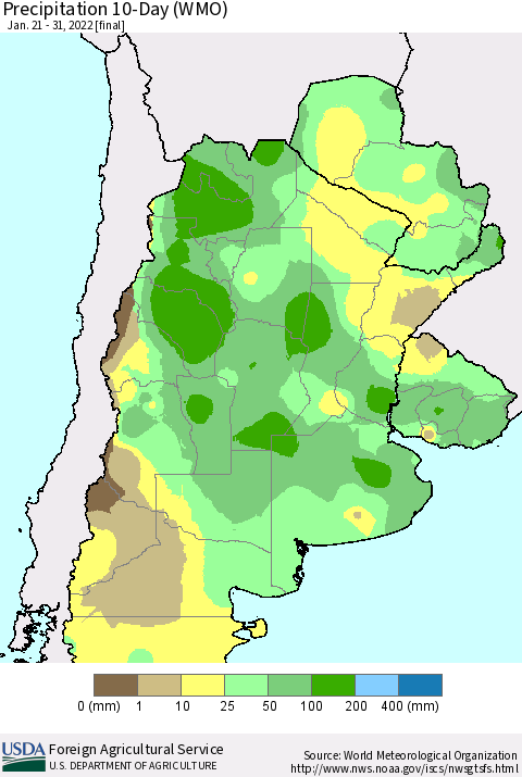 Southern South America Precipitation 10-Day (WMO) Thematic Map For 1/21/2022 - 1/31/2022