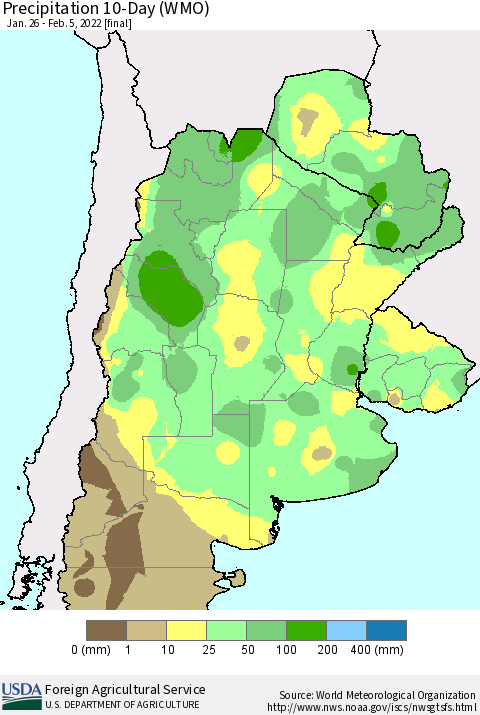 Southern South America Precipitation 10-Day (WMO) Thematic Map For 1/26/2022 - 2/5/2022