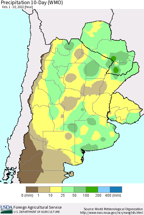 Southern South America Precipitation 10-Day (WMO) Thematic Map For 2/1/2022 - 2/10/2022