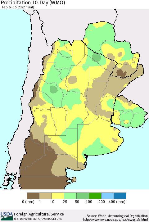 Southern South America Precipitation 10-Day (WMO) Thematic Map For 2/6/2022 - 2/15/2022