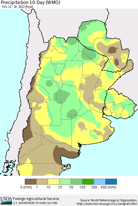 Southern South America Precipitation 10-Day (WMO) Thematic Map For 2/11/2022 - 2/20/2022