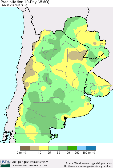 Southern South America Precipitation 10-Day (WMO) Thematic Map For 2/16/2022 - 2/25/2022