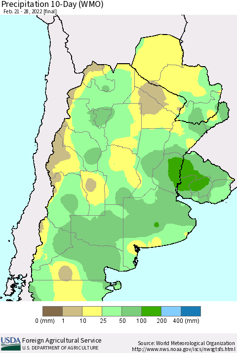 Southern South America Precipitation 10-Day (WMO) Thematic Map For 2/21/2022 - 2/28/2022
