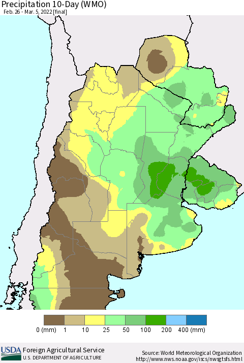 Southern South America Precipitation 10-Day (WMO) Thematic Map For 2/26/2022 - 3/5/2022