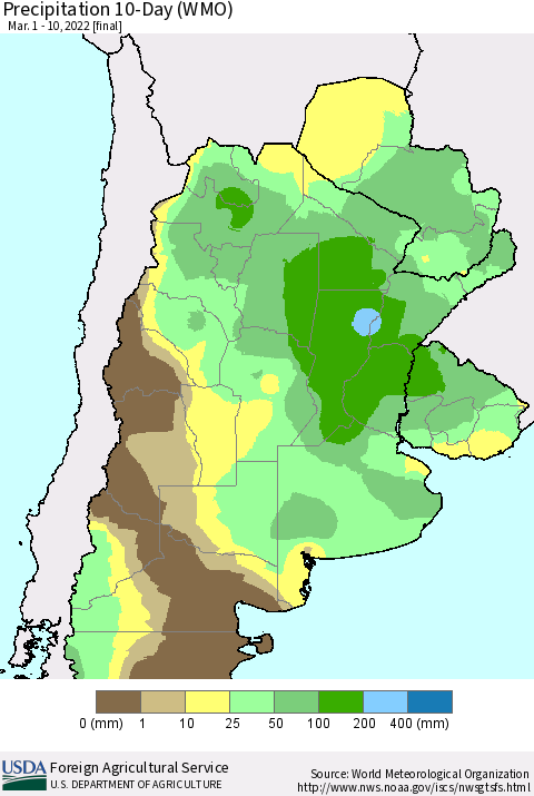 Southern South America Precipitation 10-Day (WMO) Thematic Map For 3/1/2022 - 3/10/2022