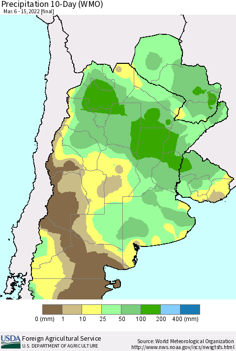 Southern South America Precipitation 10-Day (WMO) Thematic Map For 3/6/2022 - 3/15/2022