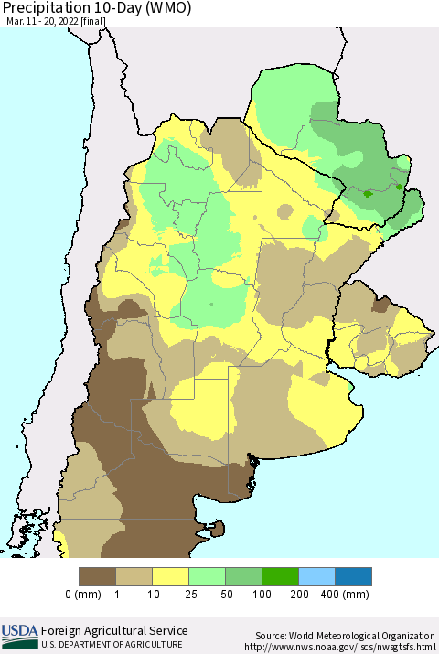 Southern South America Precipitation 10-Day (WMO) Thematic Map For 3/11/2022 - 3/20/2022