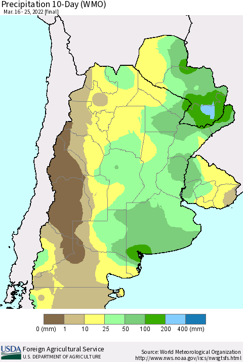 Southern South America Precipitation 10-Day (WMO) Thematic Map For 3/16/2022 - 3/25/2022