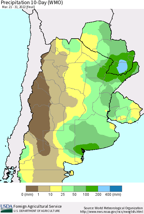 Southern South America Precipitation 10-Day (WMO) Thematic Map For 3/21/2022 - 3/31/2022