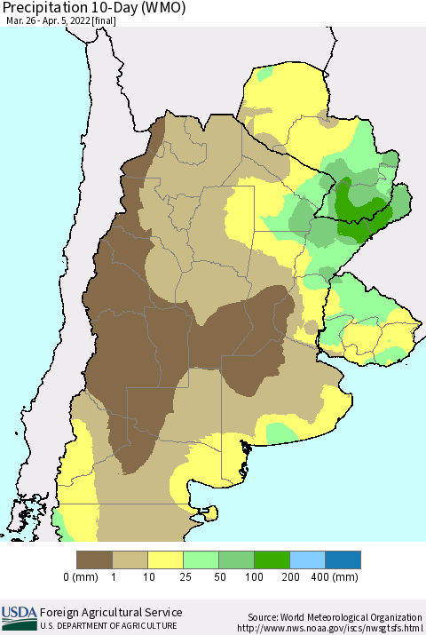 Southern South America Precipitation 10-Day (WMO) Thematic Map For 3/26/2022 - 4/5/2022