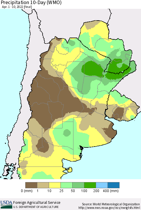 Southern South America Precipitation 10-Day (WMO) Thematic Map For 4/1/2022 - 4/10/2022