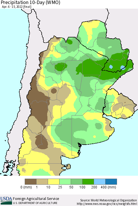 Southern South America Precipitation 10-Day (WMO) Thematic Map For 4/6/2022 - 4/15/2022