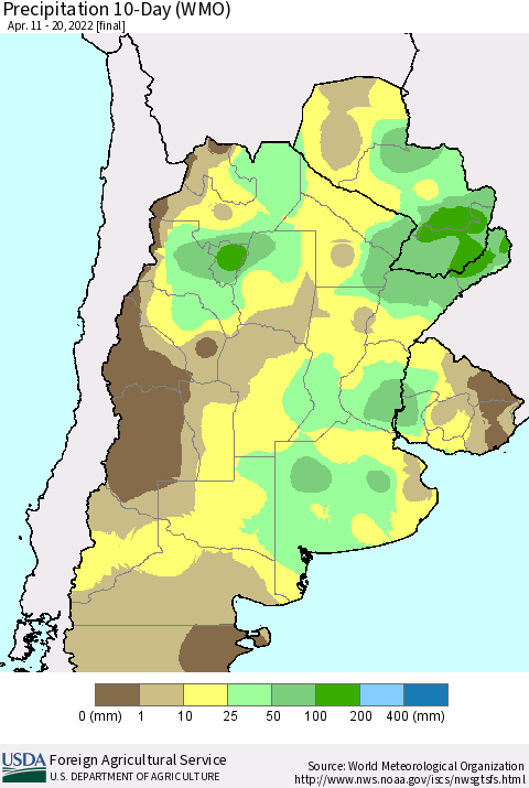 Southern South America Precipitation 10-Day (WMO) Thematic Map For 4/11/2022 - 4/20/2022