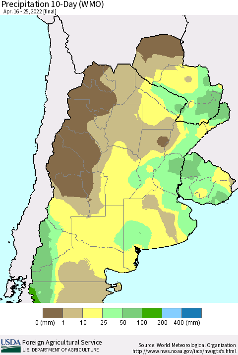 Southern South America Precipitation 10-Day (WMO) Thematic Map For 4/16/2022 - 4/25/2022