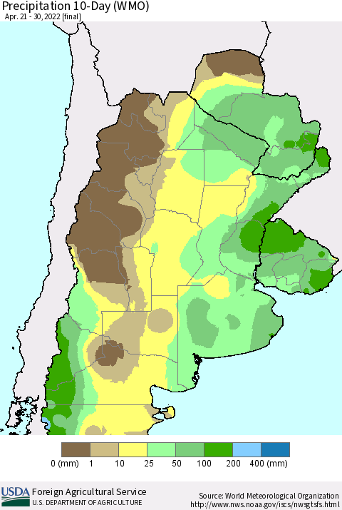 Southern South America Precipitation 10-Day (WMO) Thematic Map For 4/21/2022 - 4/30/2022